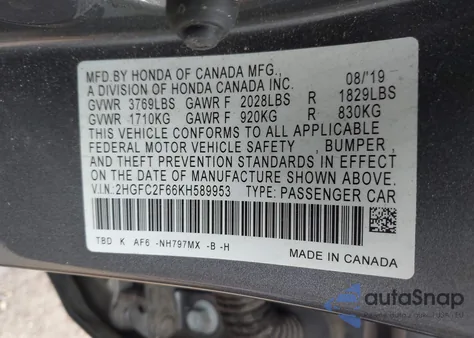 2019 Honda Civic Lx from USA, damaged, VIN 2HGFC2F66KH589953
